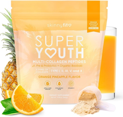 [BRSROBAKBEBA43TJ] SkinnyFit - Super Youth Collagen for Women - Multi Collagen Peptides Powder - Probiotics, Fiber, Hyaluronic Acid - Non GMO, Gluten Free, Sugar Free - Beauty - Orange Pineapple (28 Servings)