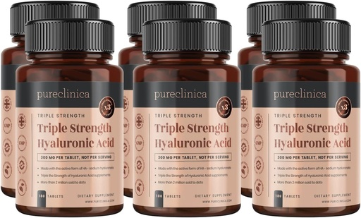 [BRSWGGATAAIGMCQ3] pureclinica Hyaluronic Acid 300mg x 1080 Tablets (6 Bottles of 180 Tablets - 3 Years Supply). Triple Strength Hyaluronic Acid. 300% Stronger Than Any Other HLA Tablet