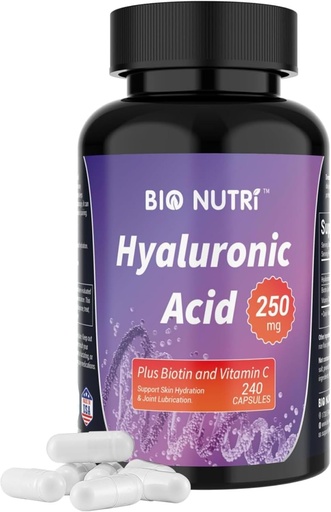 [BRSROAY3OYPWCGQ2] BIO NUTRI Hyaluronic酸补充物250mg |240 Capsules,配有Biotin 5000mcg & Vitamin C 25mg - 皮肤,头发和联合3 in1支持