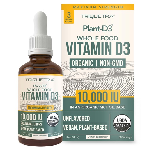 [BRSW2CYDOAPA4A3X] Organic Vitamin D3 10,000 IU - Plant D3, Vegan, Max Strength Sublingual Liquid D3 Drops - 200% Higher Absorption, 100% Plant-Based Cholecalciferol Form & Vegan D3, Adjustable Dosing (30 Servings)