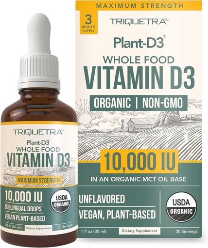 [BRSW2CYDOAPA4A3X] Organický vitamín D3 10 000 IU - Rastlina D3, Vegan, maximálna sila Sublingválne kvapaliny D3 kvapky - 200% vyššia absorpcia, 100% rastlinný cholekalciferol forma a Vegan D3, nastaviteľné dávkovanie (30 podáva)