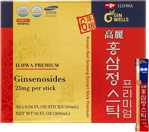 [BRSW2GIOB4BW2YIZ] ILHWA Premium Корейські червоні Ginseng екстракт палички (0.34fl oz X 30 Sticks) - для імунітету. Ginsenoside 21 мг на сервінг