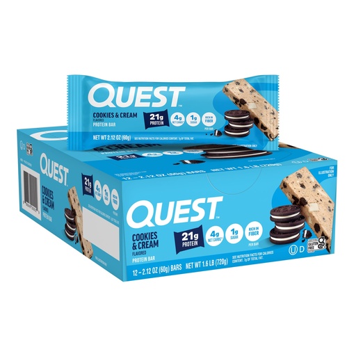 [BRSWIG3ZA4AGIAY3] Quest Nutrition Cookies & Cream Protein Bars, 21g Protein, 1g Sugar, 4g Net Carb, High Fiber, Gluten Free, Keto Friendly, 12 Count