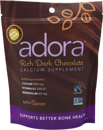 [BRSWIYIRBUGQYGDY] Adora Calcium Supplement, Fairtrade Dark Chocolate, Pack of 12 - 30 ct