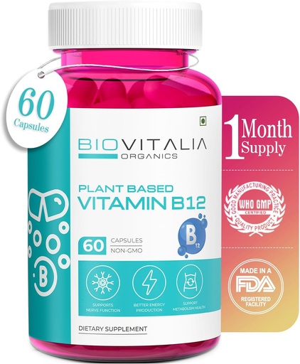 [BRSROFL2AQBR43T5] BIOVITALIA Vitamin B12 Capsules Methyl Cobalamin Supplement 1000mg Plant-Based Capsules - Support Nerve Function & Metabolism Enriched with Wheat Grass Spirulina Beetroot - 60 Vegan Caps