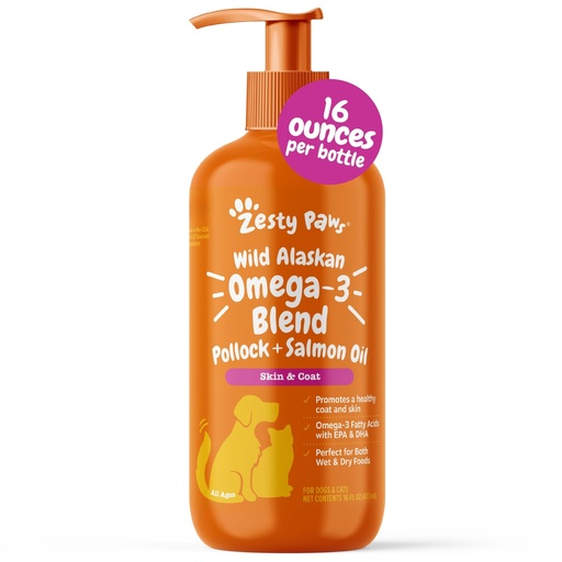 [BRSROCQCBMOWCEQ7] Zesty Paws Wild Alaskan Omega-3 Blend Pollock + Salmon Oil for Dogs and Cats- Skin and Coat Support, Omega 3 Supplement for Pets, 16oz