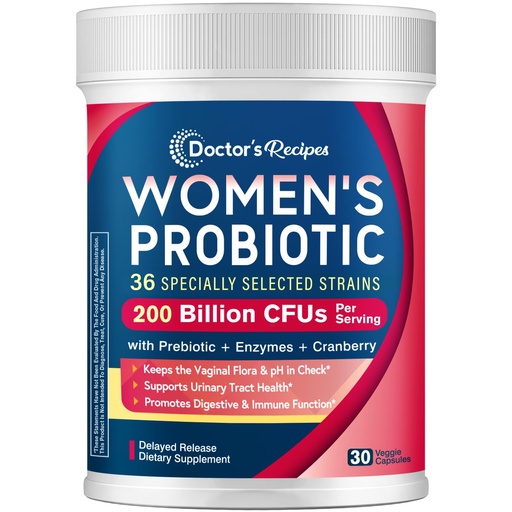 [BRSW2A32OEPQ2CD3] Doctor's Recipes Probiotics for Women, 200B CFUs 36 Strains, with Prebiotics, Enzymes & Cranberry, Vaginal Urinary Digestive & Immune, Shelf Stable, 30 Caps