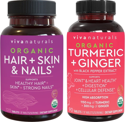 [BRSRMZ3RDMMROEI7] Organic Hair Skin and Nails Vitamins + Organic Turmeric with Black Pepper & Ginger Bundle, Made with Biotin 5000mcg for Healthy Hair, Turmeric for Natural Joint Support