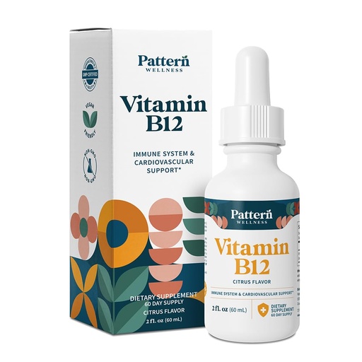 [BRSRMAIRCV5Q4YDH] Pattern Wellness Vitamin B12, Vegan Citrus Flavor – 2 fl. oz (60mL) | 5000 mcg – Sublingual Liquid Drops – Methylcobalamin, Supports Energy & Immune Health – 3rd Party Lab Tested