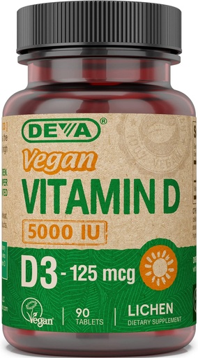 [BRSWYFDRCJ6QIYD5] DEVA Vitamin D3 5000 IU, Sunshine Supplement, 125 mcg of Vegan D3, 90-Count Bottle