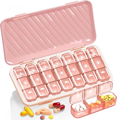 [BRSROFIEOIFAKEL2] Pill Organizer 3 × Egy nap, 7 Day Pill Box - Globals Weekly Pill Organizer, Portable Removable Daily Medicine Container Dispenser Case for Vitamin Fish Oil Supplement, Pink