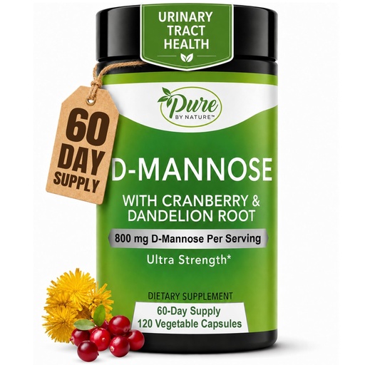 [BRSWG2YQAEFG223Z] Pure By Nature D-Mannose Cranberry Capsules 800mg Per Serving, 60 Day Supply Dmannose Pills with Cranberry & Dandelion Extract, Urinary Tract Health Support, 120 Vegan Capsules