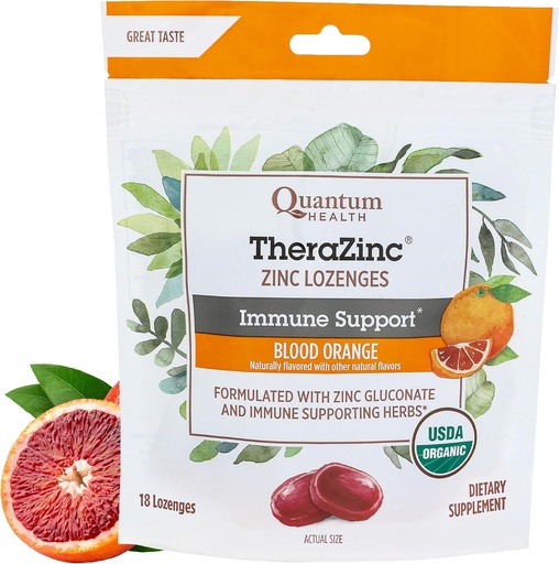 [BRSWECQ7C4DQEHT6] Quantum Health TheraZinc Orgaaniline Tsink Lozenges Echinacea & Honey Immune Support täiskasvanutele ja lastele 12+ Looduslikult maitsestatud veri Orange Kiire leevendus ilma järelmaitseta - 18 krahv