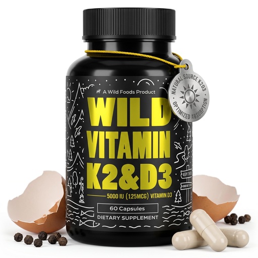 [BRSWGGT5AFYRGCYU] Wild Foods 5000iu Vitamin D3 + K2 | (100mcg Mk7) with Black Pepper Extract, Plant-Based, Non-GMO, Soy & Gluten-Free | Dietary Supplement | Made in USA | 60 Capsules