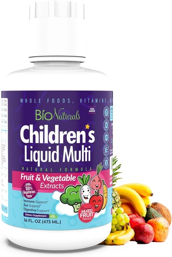 [BRSWGZQKBAIBGCYU] Bio Naturals Liquid Multivitamin & Immune Booster - Natural Supplement for Kids & Toddlers with Vitamin A B C D3 E, Fiber, Fruits & Vegetables - No GMO, Gluten, Sugar, Dairy, Soy - 16oz