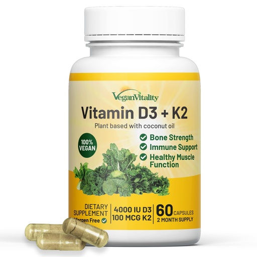 [BRSWIEYKBEORWAY3] Vegan Vitality Vitamin D3 K2 4000IU (100mcg) with Coconut Oil, 100% Plant Based Vegan Vitamin D for Vegan and Vegetarian - 60 Capsules