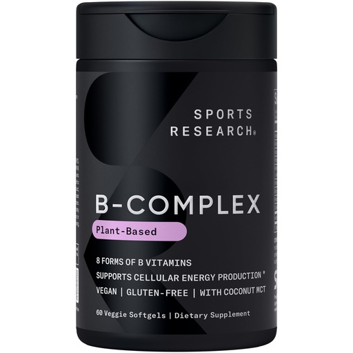[BRSROBAZO55A2EYZ] Sports Research® Vitamin B-Complex - Full Spectrum of B Vitamins with Methylated B12 & Folate - Gluten Free · Plant-Based · Non-GMO · Vegan-Friendly Formula - 60 Veggie Softgels