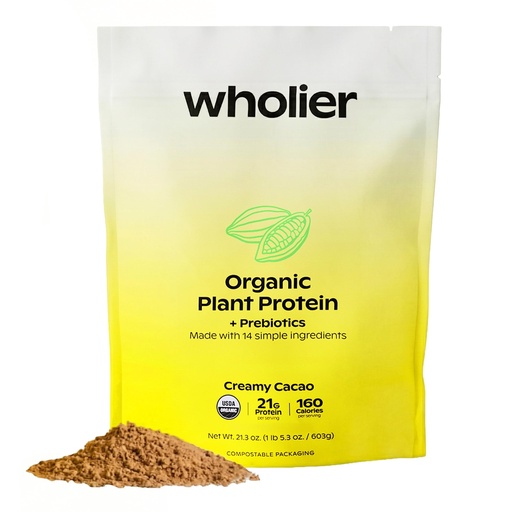 [BRSRMZQ7AF6AGEIY] wholier Organic Plant Protein Powder + Prebiotics & Amino Acids, 21g Chocolate Protein Powder, USDA Organic, Gut Health Support, Vegan, Gluten Free, No Fillers, Creamy Cacao, 14 Servings