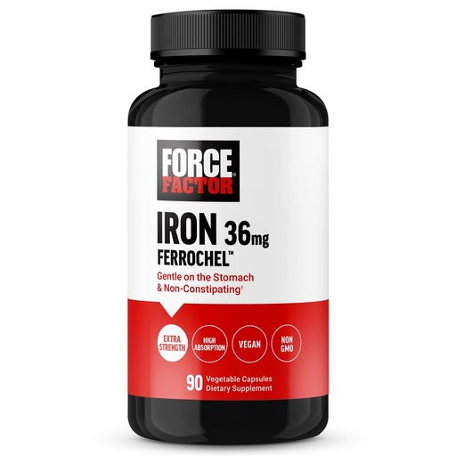 [BRSRAZINPIARUH3O] Force Factor, Iron Supplement for Women and Men, Non-Constipating, Gentle on The Stomach, Iron Bisglycinate 36mg, 90 Vegetable Capsules