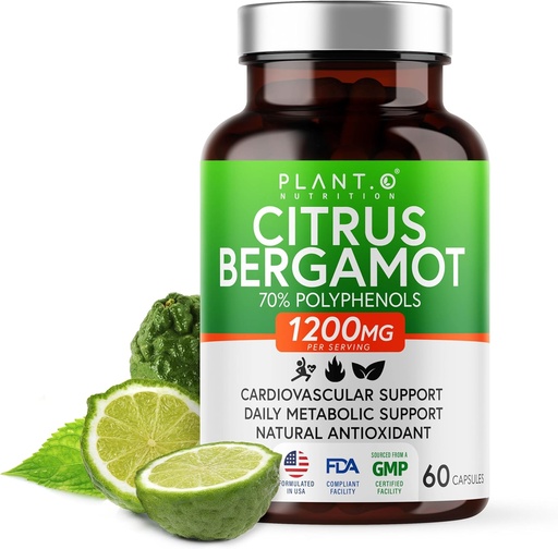[BRSRAZ3QA4NAKCT2] Citrus Bergamot Supplement 1200mg Highly Concentrated to 70% Polyphenols - Pure Bergamot Extract for Heart Health, Immunity, Antioxidant - 60 Veggie Capsules, Made in USA