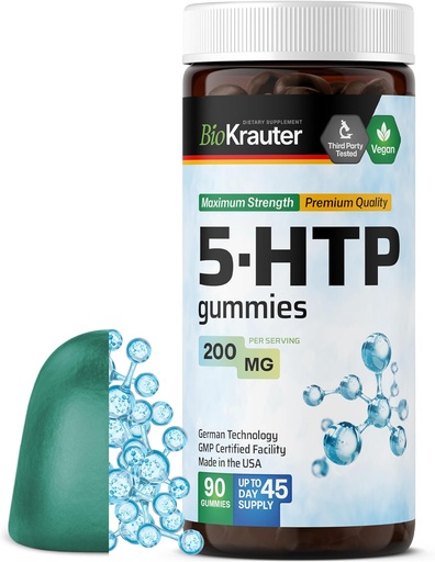 [BRSRMEIBB4FBQDLU] BIO KRAUTER 5 HTP Supplement Gummies - 200 mg Strength - 90 Vegan Chews - Relaxation Support 5HTP Plus L Tryptophan Supplement - Pectin Based Formula