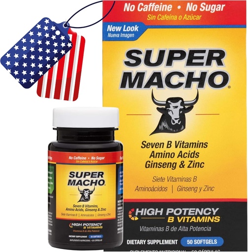 [BRSWIYT7O57QCEQZ] Super Macho, High Potency B Vitamins and Amino Acids, Fuel for Today's Active Men, No Caffeine, No Sugar, Dietary Supplement, Made in USA,50 Softgels