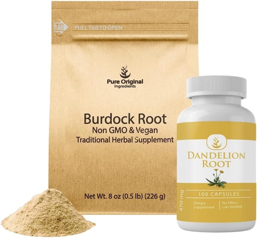 [BRSRO2YOOAFWODTH] Puhtad ORIGINAALSED KOOSTISOSAD Burdock Juur Extract Powder and Dandelion Juurkapslid Bundle, Powder & Capsules, Alwasy Pure, Lab-kontrollitud