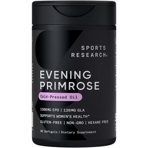 [BRSWGA34CQMGEGTO] Sports Research Evening Primrose Supplement from Cold Pressed Oil - Softgels for Women’s Health & Skin Health - Gluten Free & Non-GMO GLA - High Potency 1300mg, 30 Count