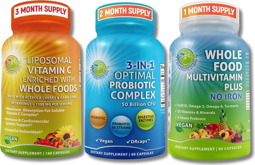 [BRSRMFALAR5G2YAY] Gut Health, Immunity, Energy & Nutrient Support – 3-in-1 Probiotic with Digestive Enzymes + Liposomal Vitamin C 1500mg + Whole Food Multivitamin Without Iron – Vegan, Non-GMO, Clean Wellness Support