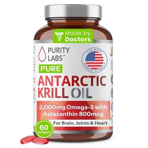 [BRSWIAT5AQBGC3A5] Purity Labs Antarctic Krill Oil 2000mg Omega-3 with Astaxanthin 800mcg Supplements to Support Memory- Rich in Omega 3, Fatty Acids, DHA, EPA & Phospholipids - 60 Softgels