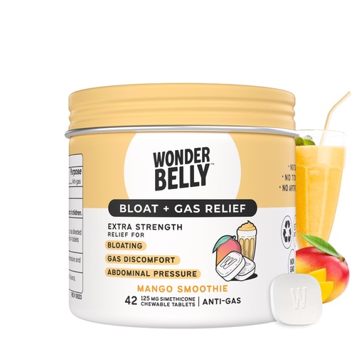 [BRSROCT5BUIBYYI6] Wonderbelly Bloat + Gas Relief, Extra Strength Chewable Tablets, with 125 mg Simethicone, No Talc or Dye, Mango Smoothie, 42 Count