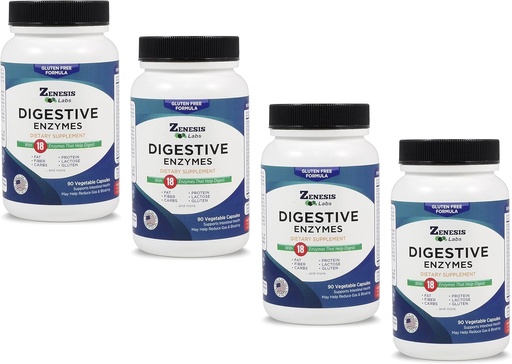 [BRSRAZQ3AECGMH3F] Zenesis Labs Digestive Enzymes - with Amylase, Bromelain, Protease, Lipase & 14 Other Enzymes Bulk 360 Capsule Supply (4 Bottle Set - 90 Capsules/Bottle)