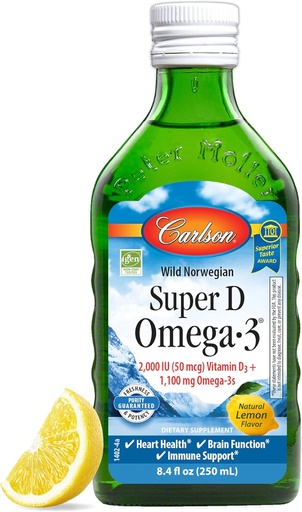 [BRSWIYILCUABKFLK] Carlson - Super D Omega-3, Wild-Caught Norwegian Arctic Cod Liver Oil, 2000 IU (50 mcg) Vitamin D3, 1100 mg Omega-3s, Sustainably Sourced Nordic Fish Oil Liquid, Lemon, 250 ml