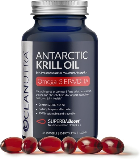 [BRSROYDYCQFAGH35] Wild Caught Antarctic Krill Oil 500mg Softgels, SuperbaBoost Omega 3 Supplement, EPA & DHA, Astaxanthin, Choline, 56% Phospholipids, Sustainable, No Fish Oil, Vanilla Flavor (60-Day Supply)