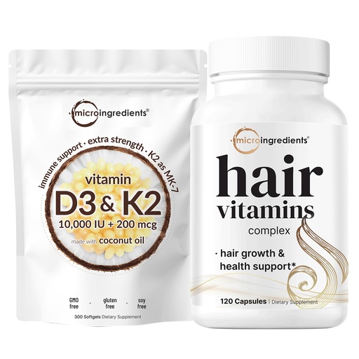 [BRSRAFDYOIHBOFLB] Micro Ingredients Vitamin D3 10,000iu + K2 200mcg Coconut Oil Softgels & Hair Vitamins Complex Capsules Bundle 2 Pack | Essential Sunshine Vitamins | 14-in-1 Advanced Hair Growth Support