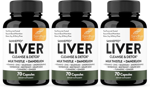 [BRSRAFD5B5YRE23Z] Sandhu's Liver Cleanse Detox & Reparasjonsstøtte | 70 kapsler (pakke med 3) | Herbal Supplement for lever helse | Melk Thistle Dandelion Root Andrographis med 8 Mineraler