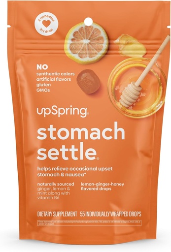 [BRSRMAYCBAPWYE3O] UpSpring Stomach Settle Drops for Occasional Nausea Relief and Morning Sickness with Ginger, Lemon, Spearmint, and B6. Individually Wrapped Drops, 55 Ct(Packaging May Vary)