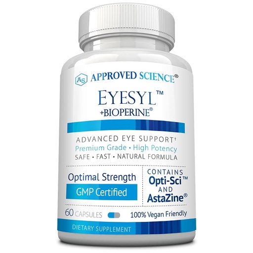 [BRSW2ZA3DMMGK2Y2] Approved Science EyeSyl - Eye Support Supplement - Chromium Picolinate, Taurine, Lutein, Zeaxanthin, Bilberry, BioPerine - 1 Month Supply - 60 Capsules - Made in The USA