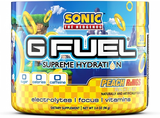 [BRSROBL7AUFRADLG] G Fuel Sonic's Peach Rings Supreme Hydration, Electrolyte Powder Mix for Energy & Focus, Sugar and Caffeine Free Supplement with Essential Vitamins & Minerals, Peach Rings Flavor, 3.4 oz - 30 Servings