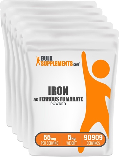 [BRSWGZYBOIHRSCTZ] BulkSupplements.com Ferrous Fumarate Powder - Minerale essenziale, Supplemento di ferro per gli uomini e le donne - Gluten Free, 55mg per porzione, 1kg (2.2 lbs) (Pack of 5)