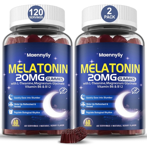 [BRSRA2QYO4GROE36] Maennyliy Melatonin 20mg Gummies for Adults - Sugar Free Melatonin Gummies Extra Strength with L-Theanine, Magnesium, Ashwagandha, Turmeric, D3 & Zinc - Non-Habit Forming