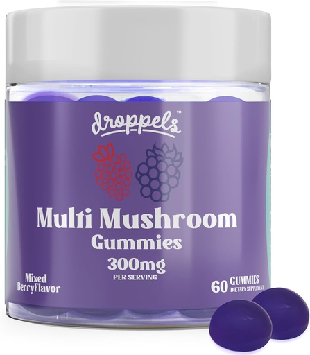 [BRSRAGA5AEMROGYY] Droppels Multi-Mushroom Gummies | Vegan, Pectin-Based & Non-GMO | Maitake, Shiitake, Turkey Tail, Chaga, Reishi & Lion's Mane Supplement | Mixed Berries Flavor, 60 Count