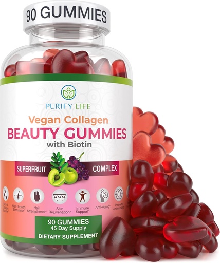 [BRSW2ZAFOEBAMALX] Purify Life Vegan Collagen Gummies with Biotin Vitamins for Hair Skin and Nails Health, (90 Chews) Collagen Support Superfruit Complex with Resveratrol, Vitamin A, E, C - Replace Capsules, Pills