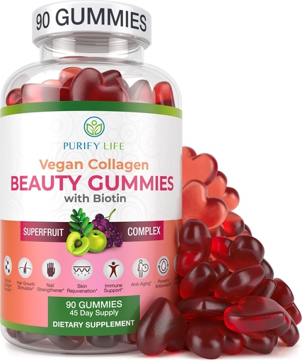 [BRSW2ZAFOEBAMALX] Vegan Collagen Gummies with Biotin Vitamins for Hair Skin and Nails Health, (90 Chews) Collagen Support Superfruit Complex with Resveratrol, Vitamin A, E, C - Replace Capsules, Pills