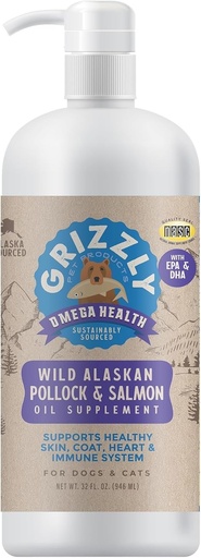 [BRSWGZQHPIDRQE3U] Grizzly Pet Products Omega Health Liquid Omega-3 Supplement for Dogs and Cats, 32 Ounce Bottle