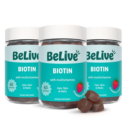 [BRSW2FDQOUMWYD36] BeLive Biotin Gummies - Skin, Nails & Hair Vitamins with A, C, D, E, B12, Zinc, Folate & Inositol, Biotin Supplement for Anti-Aging, Energy & Collagen Boost, Multivitamin Gummies - Strawberry | 3-Pack