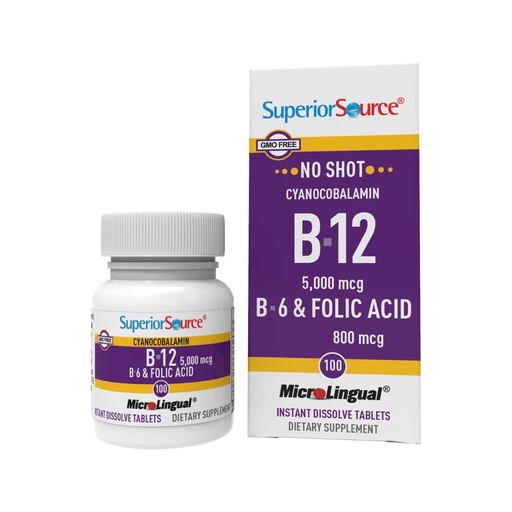 [BRSWIZQRO4PB6EDI] Superior Source No Shot Vitamin B-12 Cyanocobalamin 5000 mcg, B-6, Folic Acid 800 mcg - Support Brain & Heart Health - Aids Natural Energy Levels - 100 Sublingual Dissolving Tablets