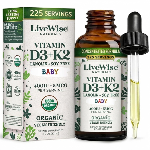 [BRSWGHYRAQNQM3QU] Live Wise Naturals Organic Vitamin D3 K2 Liquid Drops for Babies, Concentrated Formulation, 225 Servings, (MK-7), Micro-Dose Dropper, Gentle Daily Supplementation, Early Development, Precise Dosing