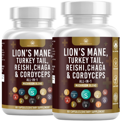 [BRSRAYI7BZYROCTK] Mushroom Supplement with Lion's Mane Turkey Tail Reishi Cordyceps Chaga Marshmallow Root - 120 Count