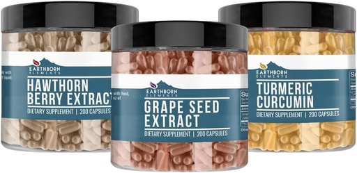 [BRSROEANOYPG23A4] Earthborn Elements Grape Seed, Hawthorn Berry, & Turmeric Curcumin Capsule Bundle (200 Capsules Each), Pure & Undiluted, No Additives
